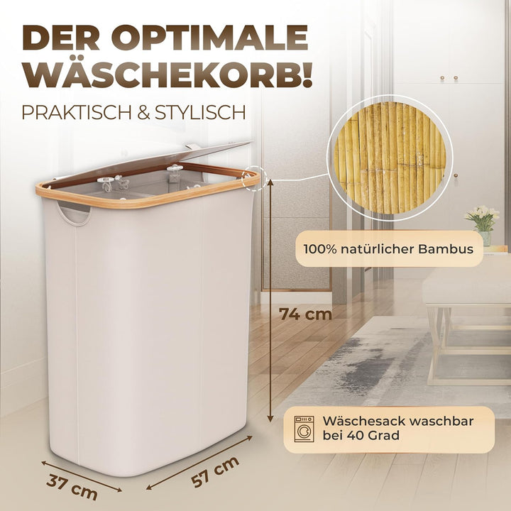 Wäschekorb 2 Fächer mit 1 Deckel 150 Liter Bambus-Stoff Beige Gross XXL - Wäsche Sortiersystem Wäsch