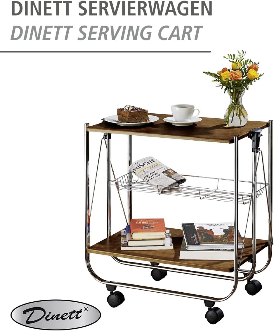 WENKO Servierwagen Dinett Deluxe Walnuss - zusammenklappbar, Ablagekorb, MDF, 68 x 70 x 40.6 cm, Bra