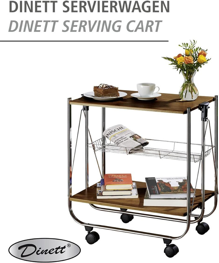 WENKO Servierwagen Dinett Deluxe Walnuss - zusammenklappbar, Ablagekorb, MDF, 68 x 70 x 40.6 cm, Bra