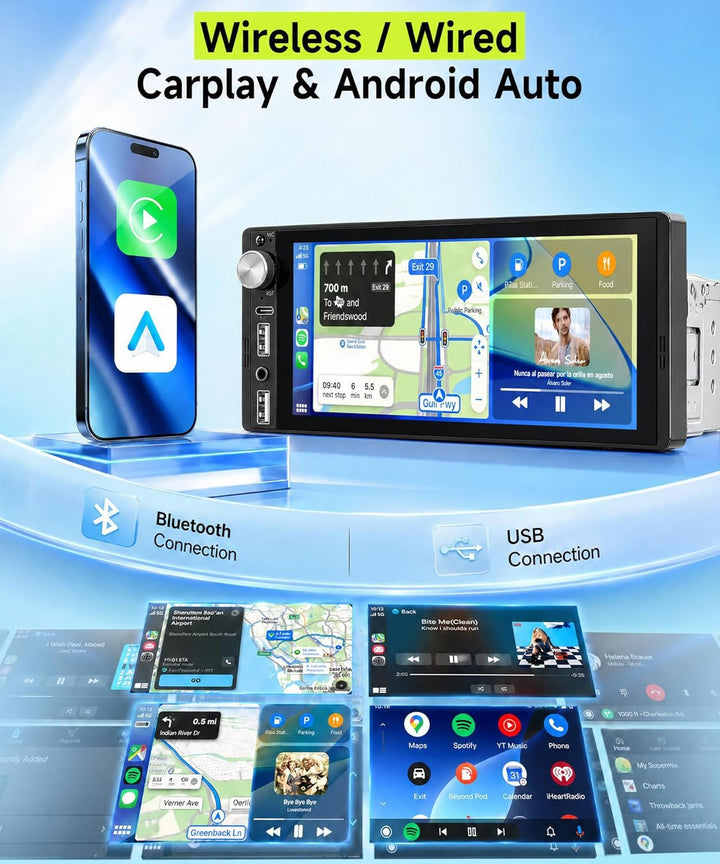 Rimoody DAB+/DAB Autoradio 1 Din mit Wireless Carplay Android Auto Bluetooth 5.2, 6.9 Zoll Touchscre