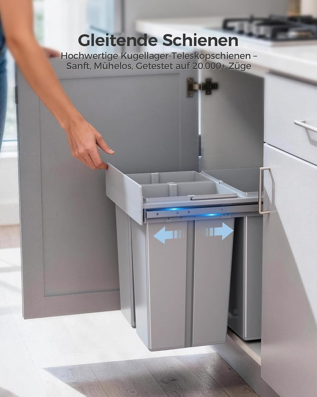 lovewind Dreikammer-Abfalleimer, 20L+2x10L, Mülleimer küche, Mülltrennsystem für Unterschrank，Stahlr