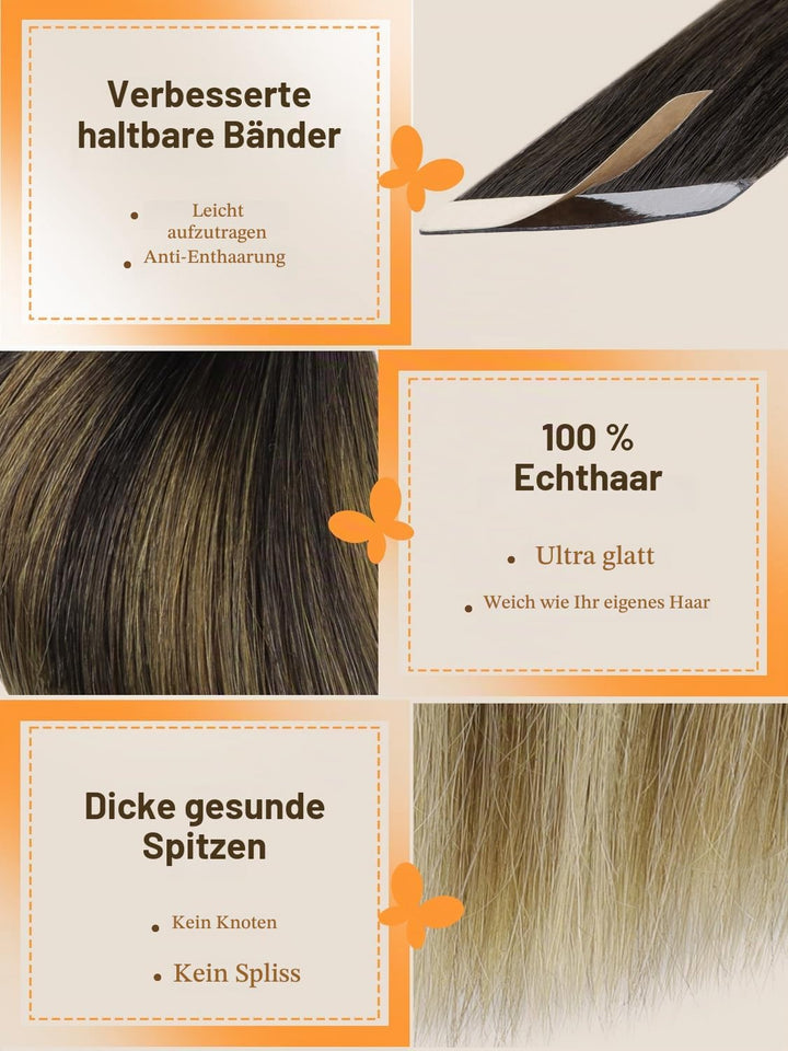 DOORES Tape Extensions Echthaar, Dunkel Braun bis Chestnut Braun und Dirty Blonde Highlights 35cm (1