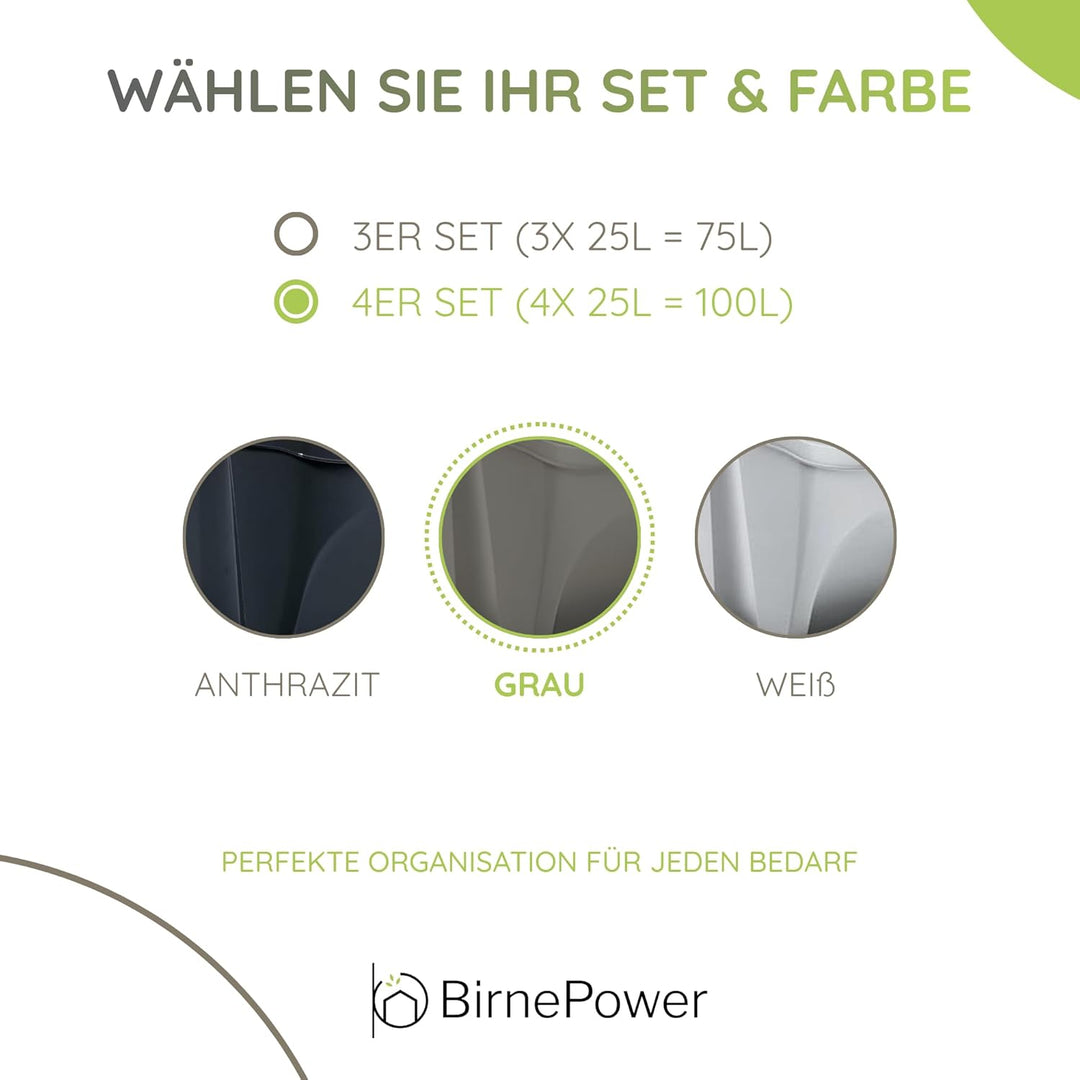 BirnePower Mülleimer Müllbehälter Abfalleimer 100L Set 4 x 25L Mülltrennsystem Behälter Sorti Box mi