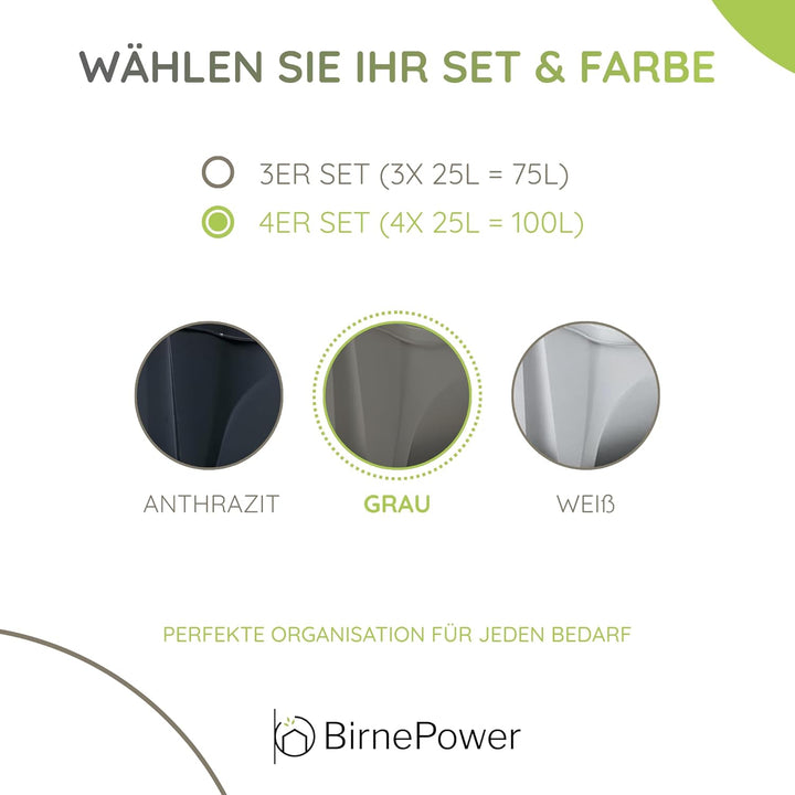 BirnePower Mülleimer Müllbehälter Abfalleimer 100L Set 4 x 25L Mülltrennsystem Behälter Sorti Box mi