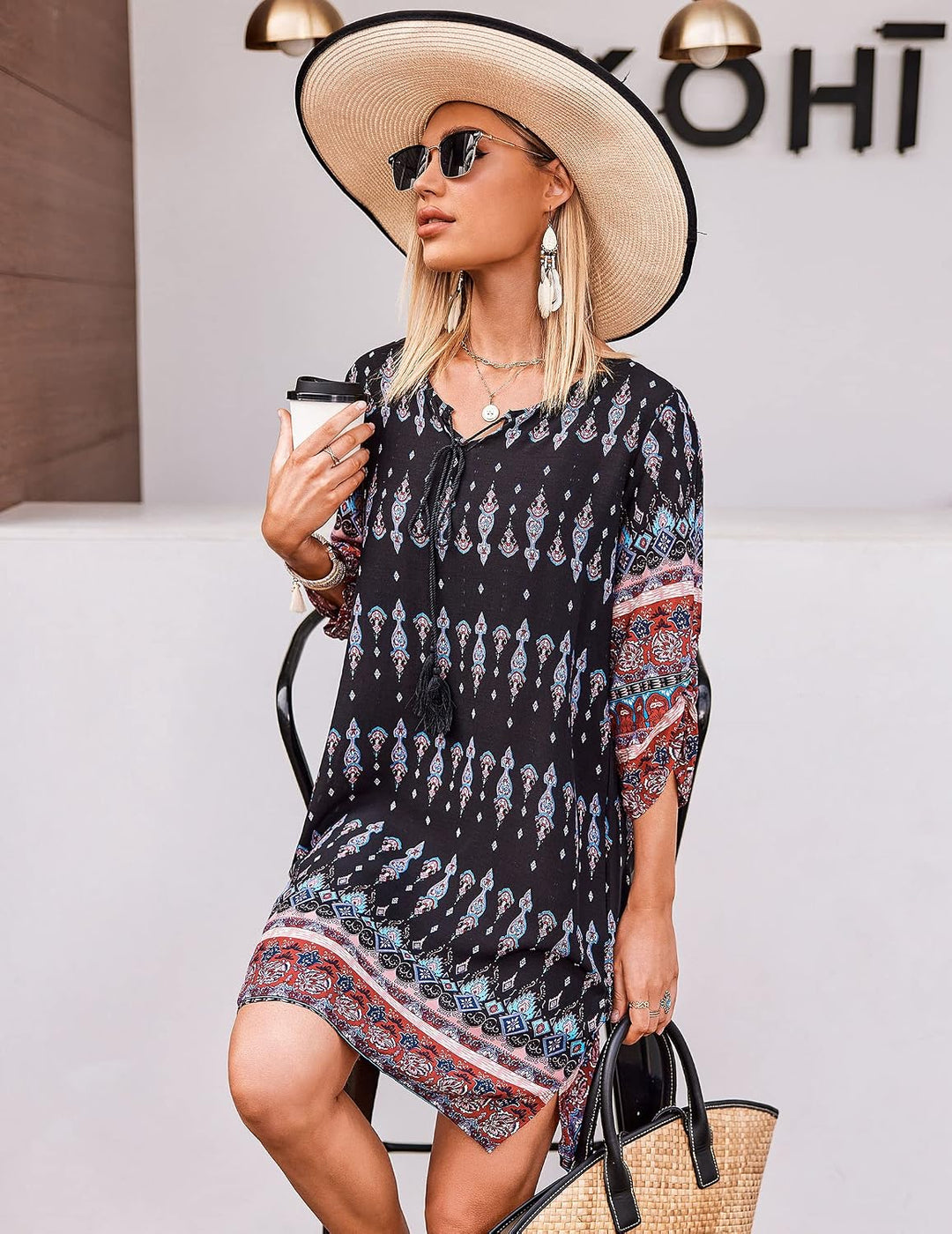 Beyove Damen Bohemian Tunika Kleid Strandkleid Sommerkleider Vintage Strandtunika 3/4-Arm Rundhals K