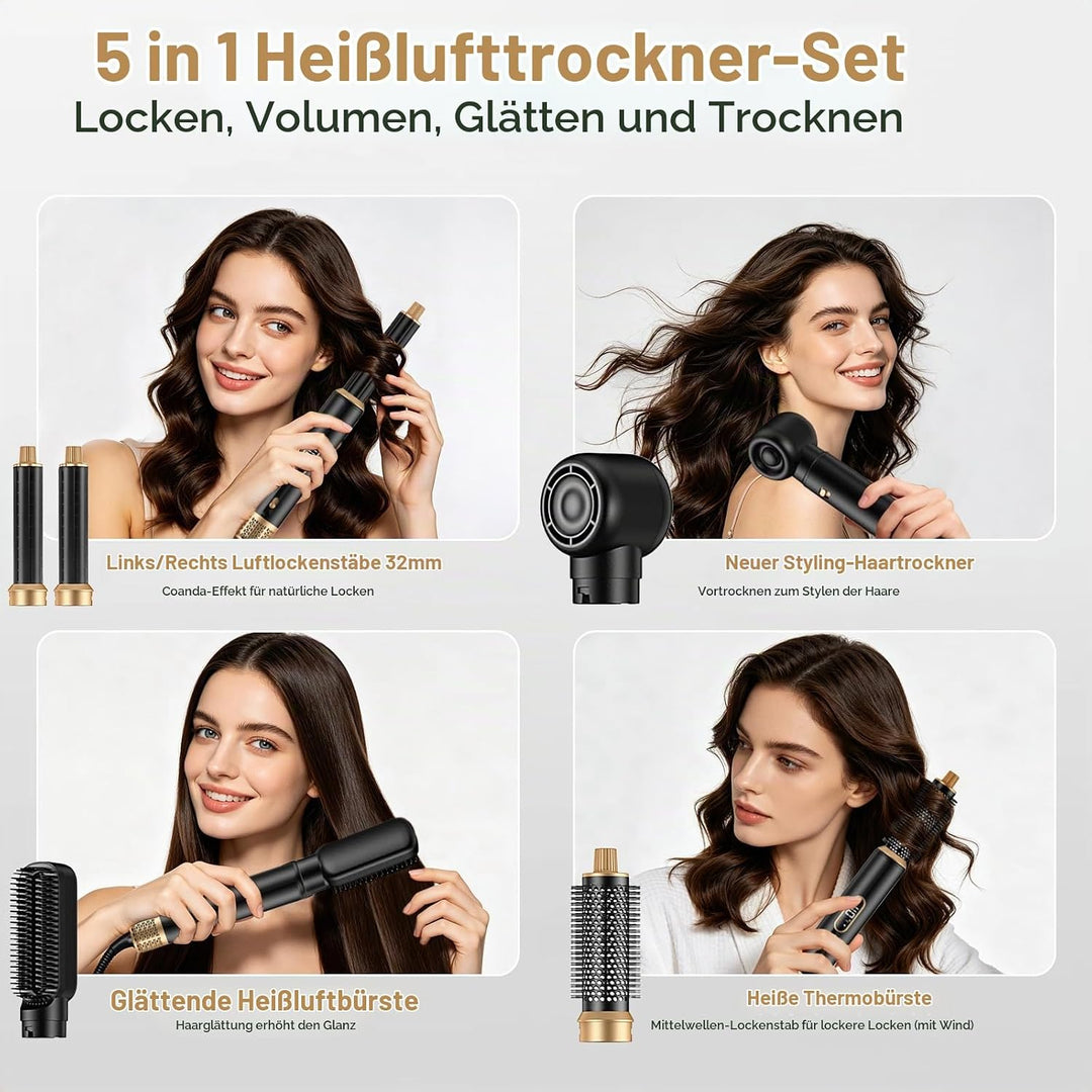 Hair Styler 5 in 1, Airstyler Haarstyler Set mit LCD-Bildschirm, Rundbürstenföhn, Warmluftbürste, Ai