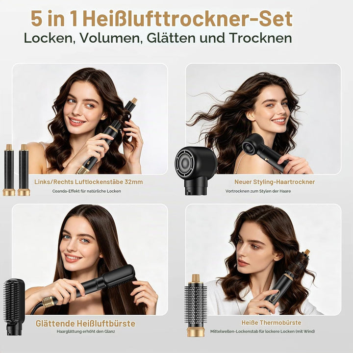 Hair Styler 5 in 1, Airstyler Haarstyler Set mit LCD-Bildschirm, Rundbürstenföhn, Warmluftbürste, Ai