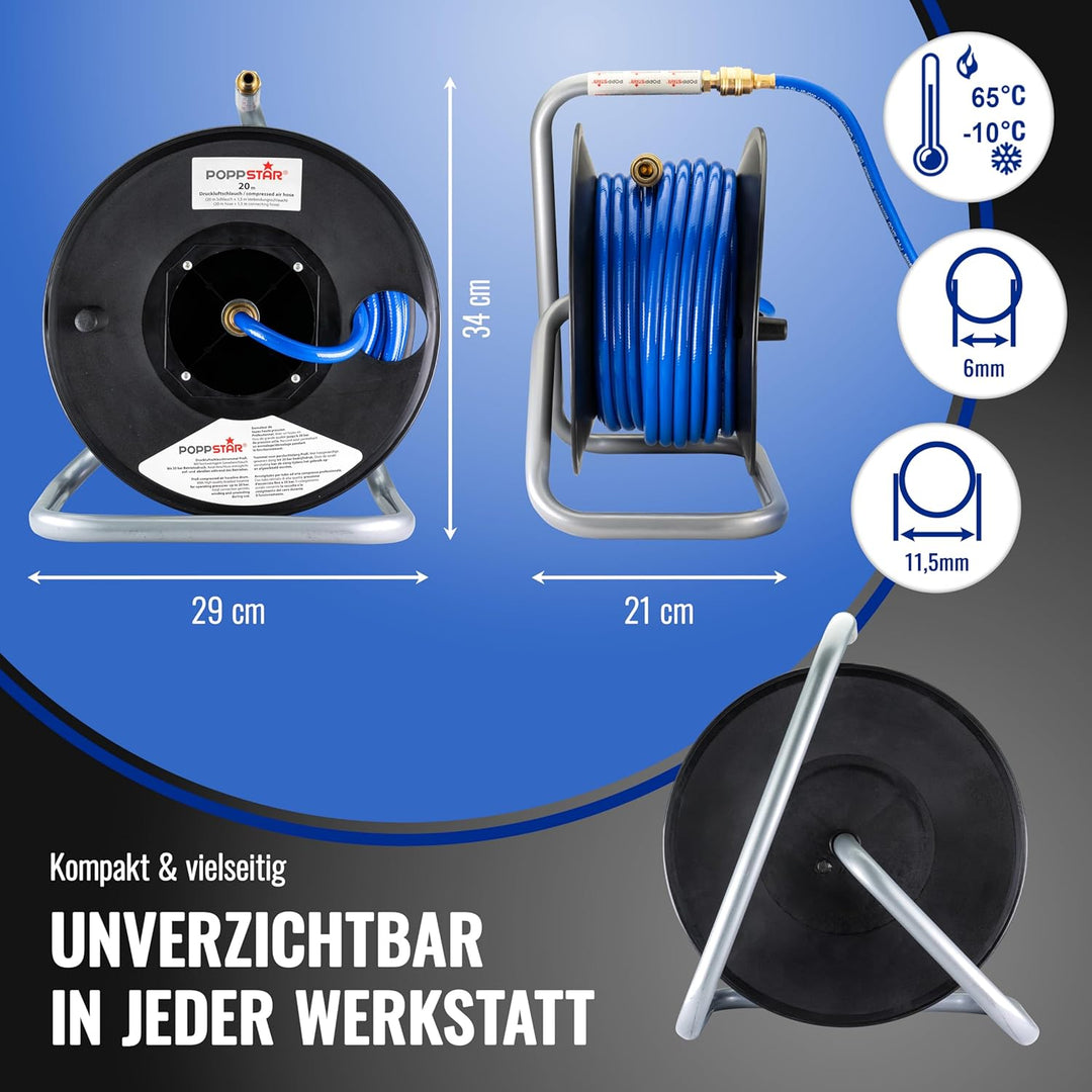 Poppstar Manuelle Druckluftschlauchtrommel aus PVC (20m+1,5m, Durchmesser (6x11,5mm)), Anschlüsse 1/