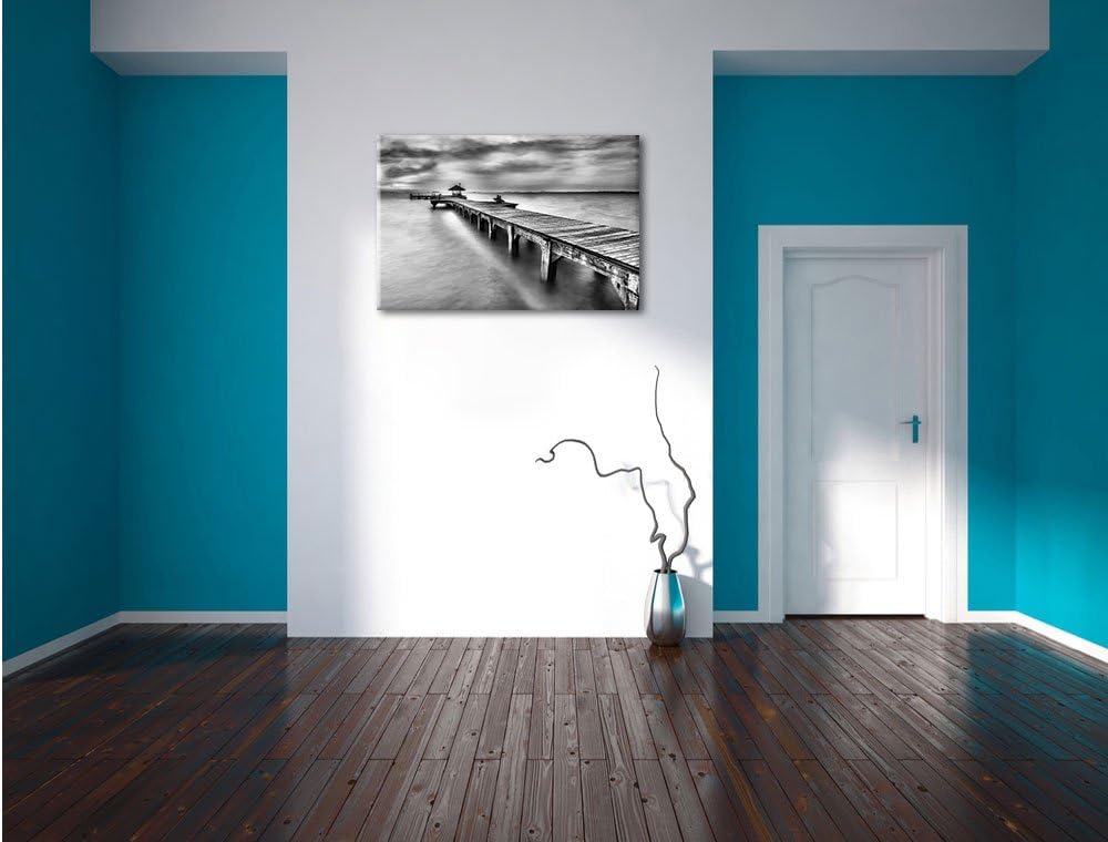 Pixxprint Monocrome, Riesiger Steg mit kleinem Pavillon, Format: 100x70 auf Leinwand, 100x70