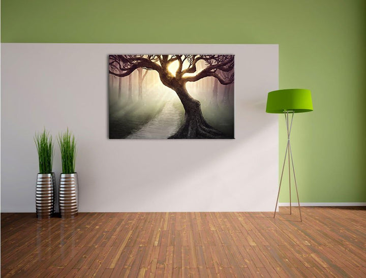 Pixxprint Baum am Waldweg als Leinwandbild/Grösse: 100x70 / Wandbild/Kunstdruck/fertig bespannt, 100