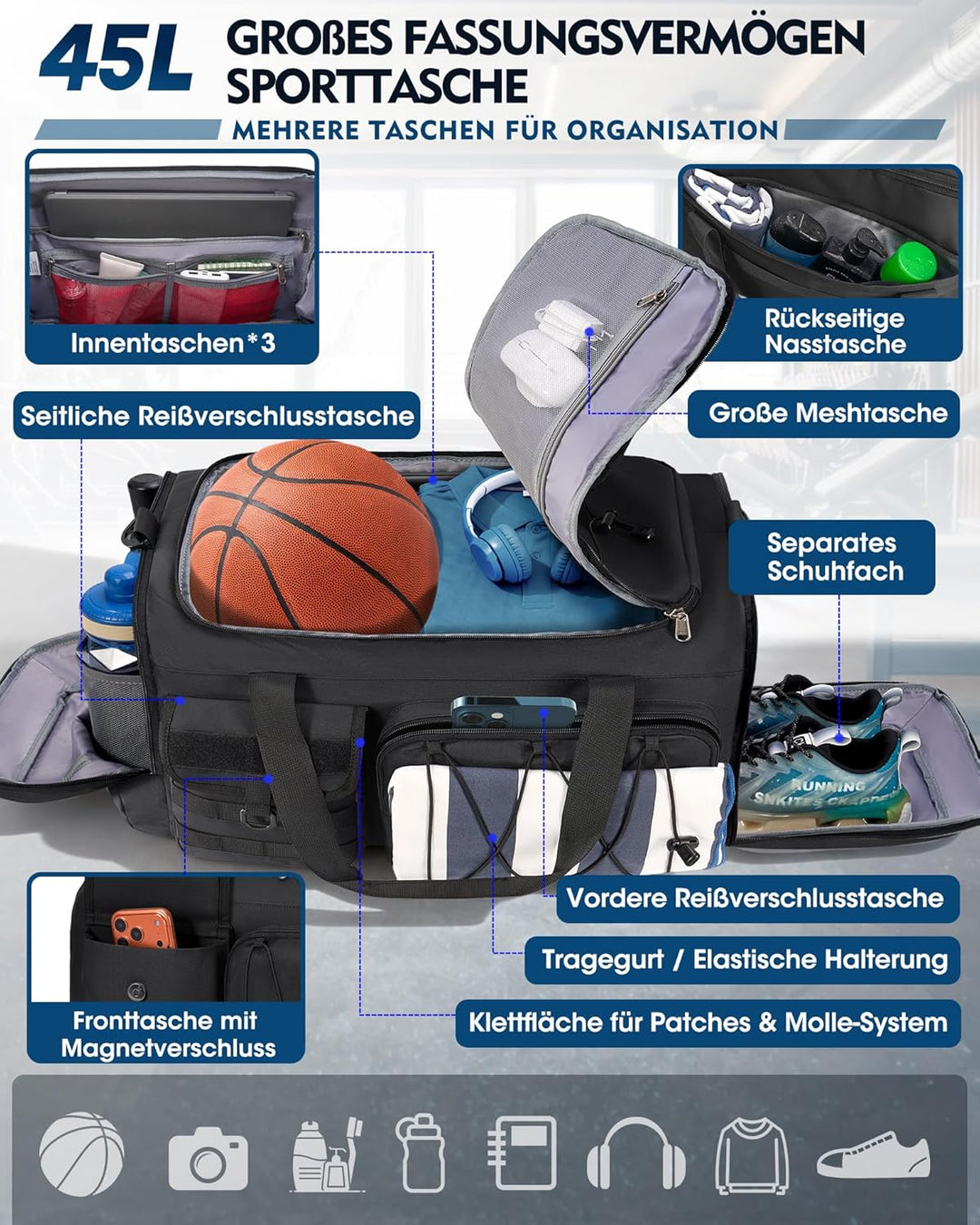 RAINSMORE 45L Sporttasche Herren Damen, 3-IN-1 Reisetasche mit Schuhfach Nassfach, Wasserdicht Gym D