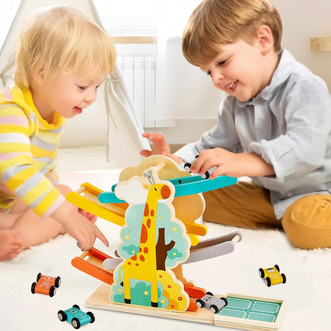 HERSITY Autorennbahn Holz Kugelbahn Spielzeug mit 4 Fahrzeuge, Holzspielzeug Kinder mit Tiermotiven,