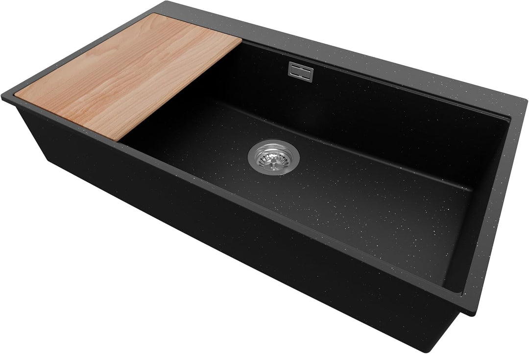 Spülbecken Schwarz Metallic 90x50 cm, Granitspüle + Ablauf-Set, Küchenspüle für 90er Unterschrank, E