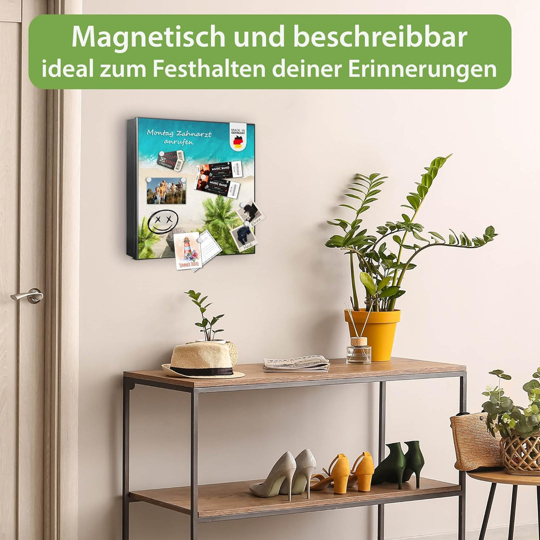 banjado® Grosser Schlüsselkasten Glas/Schlüsselbox 30cm x 30cm mit 50 Haken - Motiv Strandtag/Schlüs