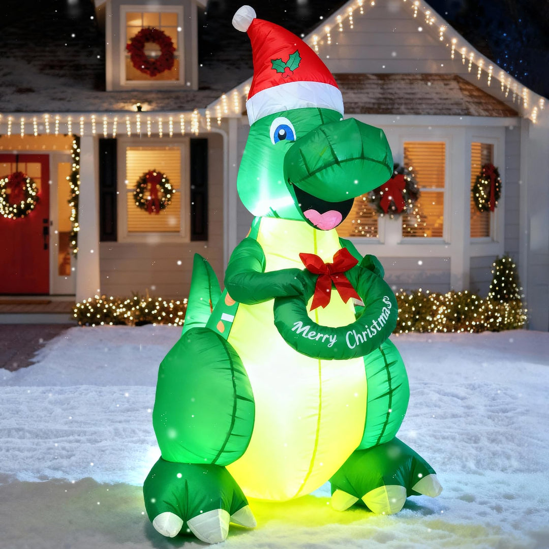 Ycolnaefllr 152 cm Weihnachtsdekoration aufblasbarer Dinosaurier, grüner Dinosaurier mit Weihnachtsm