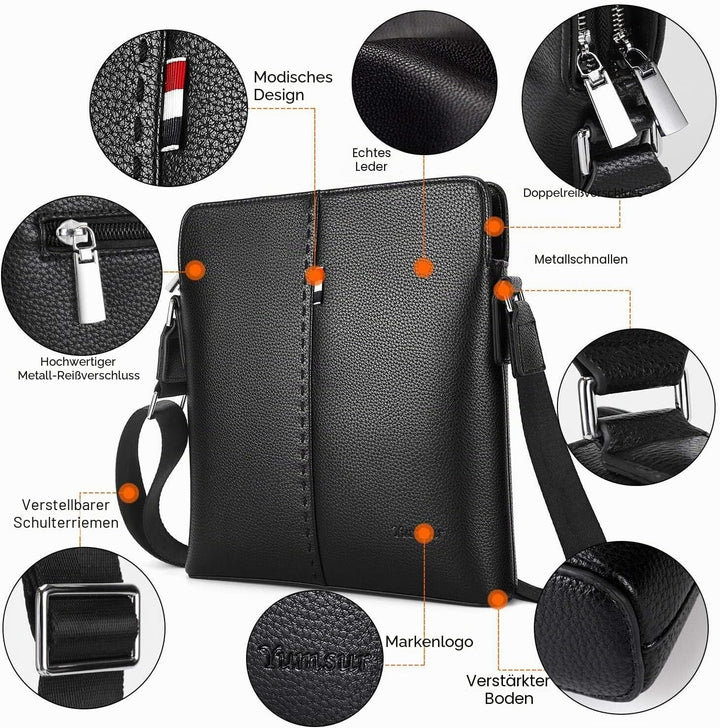 YumSur Herren Umhängetasche, Leder Messenger Handtasche Crossbody Tasche für Männer Geldbörse iPad T