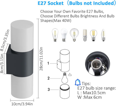 Klighten 2 Stück Aussenwandleuchten E27 Up and Down, Wandleuchten Aussen/Innen 2 flammig, Wandlampe