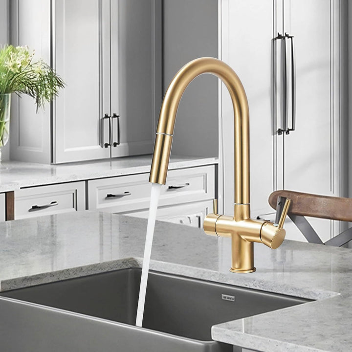 3 Wege Wasserhahn Küche Mischbatterie Küche Gebürstetes Gold,Wege Filter Osmose Wasserhahn Küche Gol