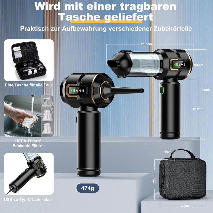 Handstaubsauger Akku 4-in-1 mit LCD Display, Auto Staubsauger Stark 25000PA Kabellos, 3-Stufen 22000
