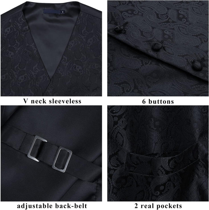 Enlision Herren Paisley Floral Jacquard Weste &amp; Krawatte und Pocket Square Weste Anzug Set M Schwarz
