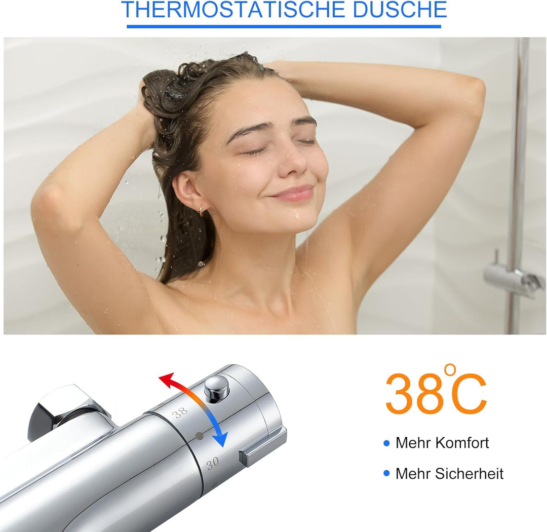 KEOKBON Duscharmatur mit Thermostat Mischbatterie Dusche mit 38 ° C Sicherheitssperre Wasserhahn Bad