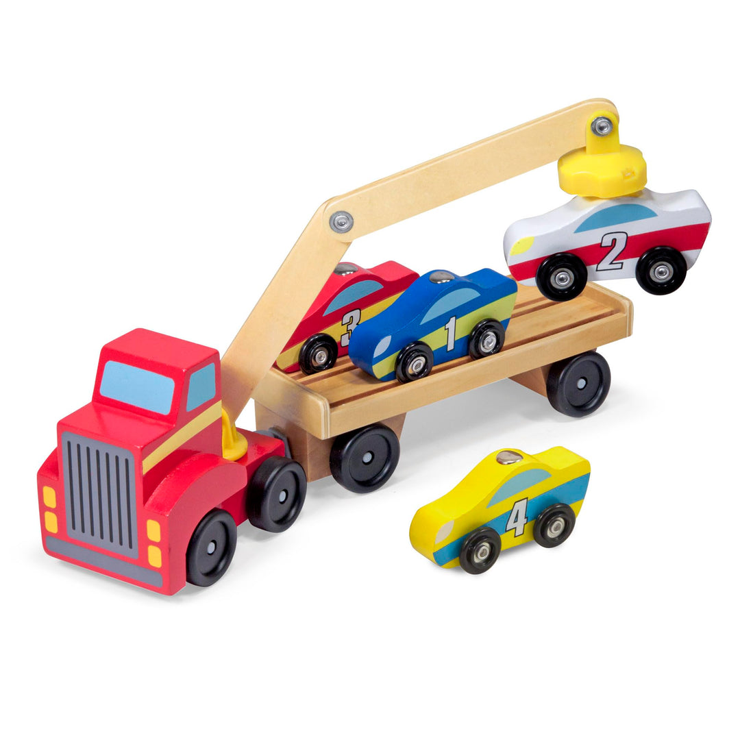 Melissa & Doug - Magnetisches Autotransporter-Spielzeugset aus Holz – (Autos & Lkws, 4 Autos und 1 L