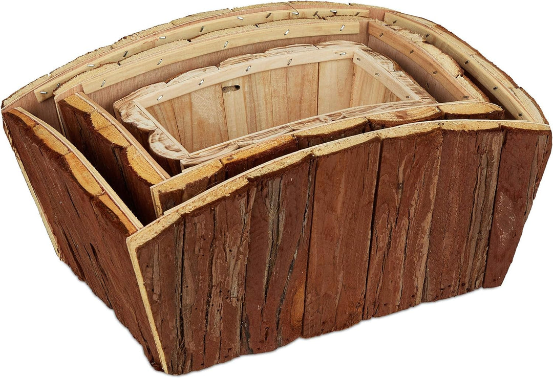 Relaxdays Blumenkasten 3er Set, natürliches Holz mit Rinde, Garten, Terrasse &amp; Fensterbank, Deko zum