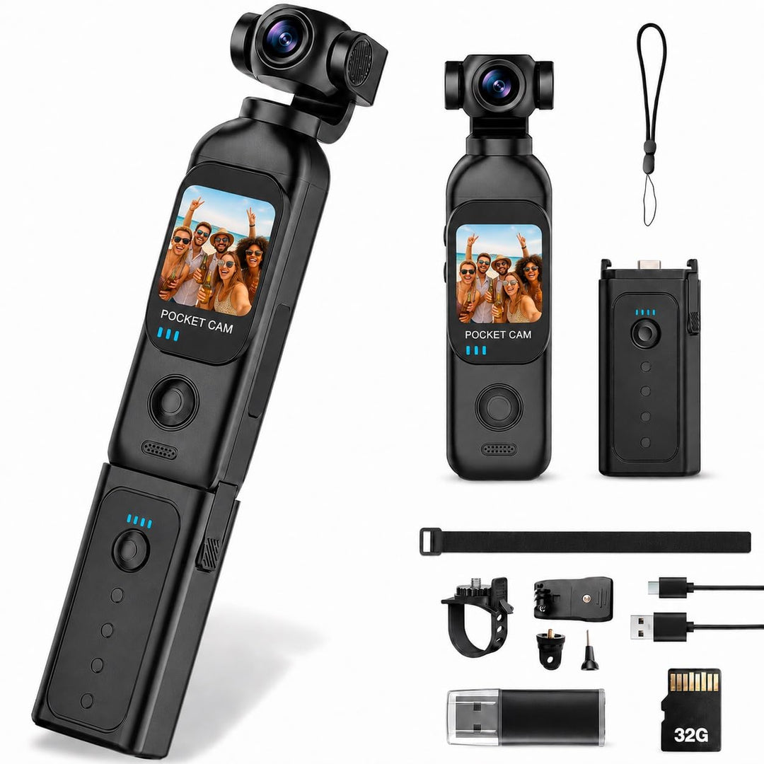 Vlog Kamera 1080P, Mini Pocket Camera/Bodycam mit Ladegriff für Lange Laufzeit, 32 GB Karte, 270°/13