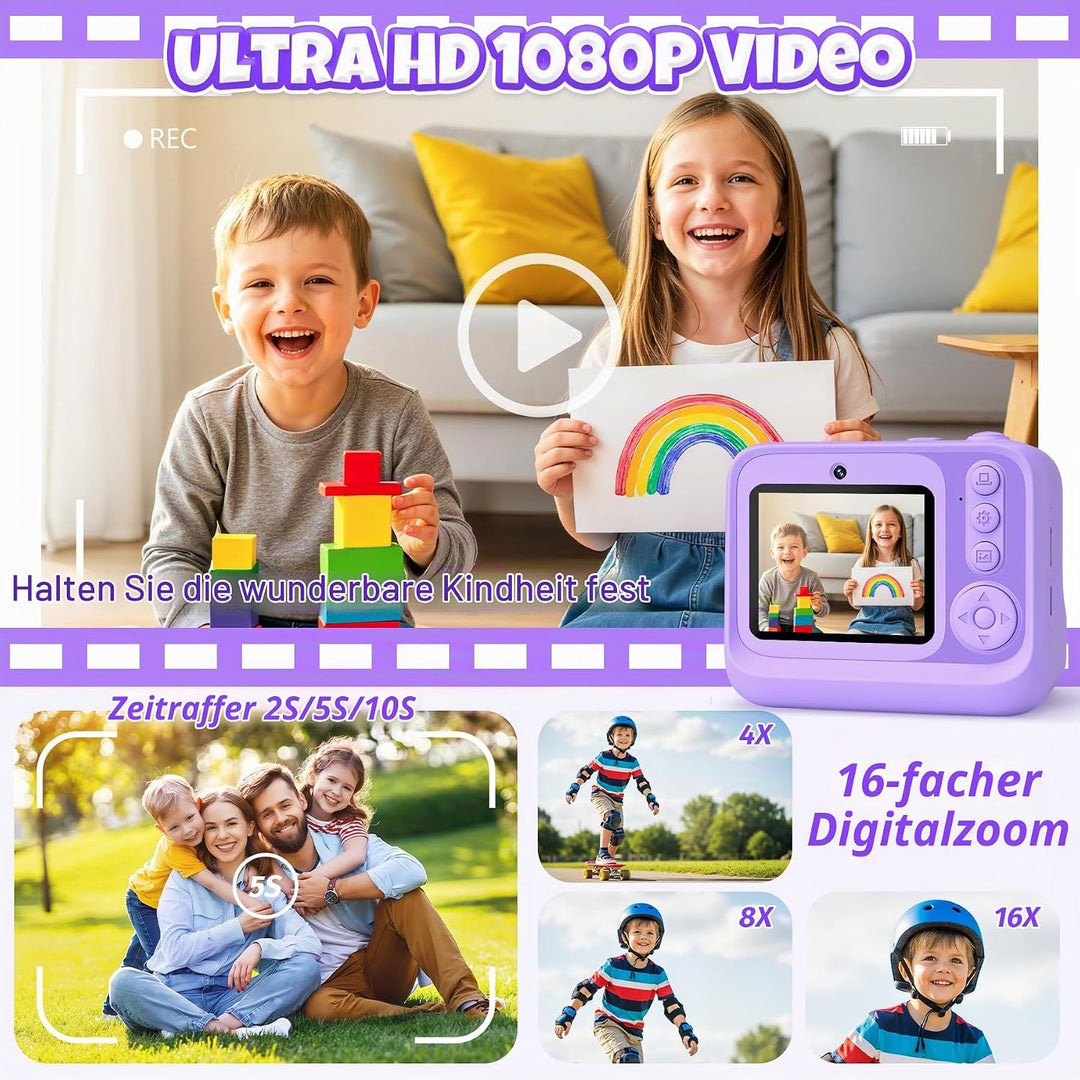 Kinderkamera Sofortbildkamera, 2,4-Zoll Selfie Kamera mit 32GB Karte | 3 Rollen Fotopapier, 1080P Ki