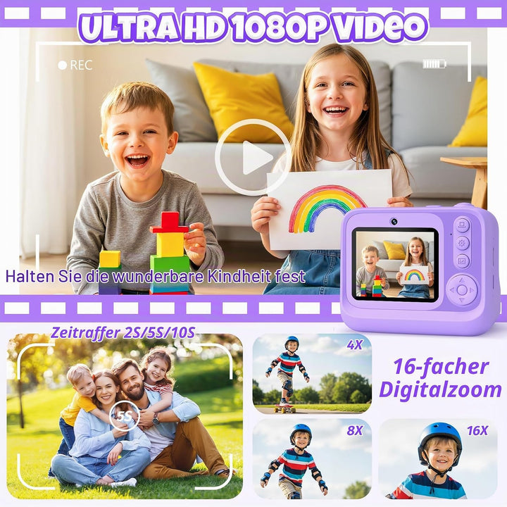 Kinderkamera Sofortbildkamera, 2,4-Zoll Selfie Kamera mit 32GB Karte | 3 Rollen Fotopapier, 1080P Ki