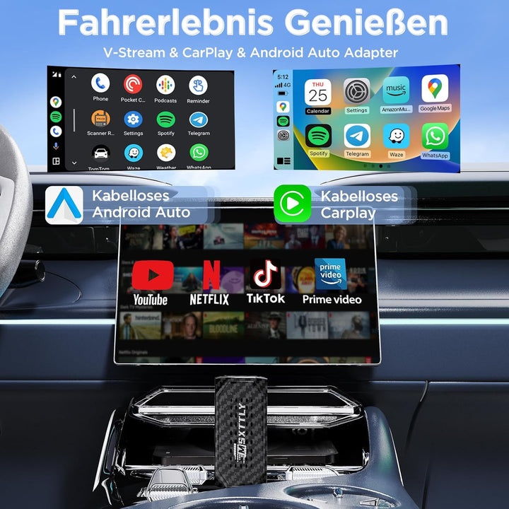 MSXTTLY Mini 3-in-1 Wireless CarPlay Android Auto Adapter, unterstützt Netflix, YouTube, TikTok und