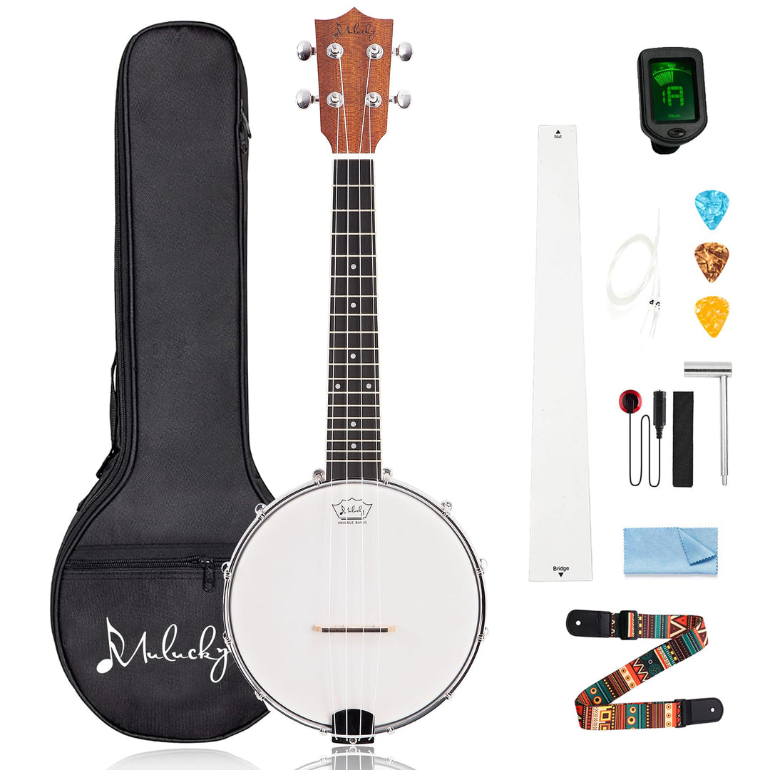 Mulucky Banjolele, 4 Saiten, Banjo-Ukulele, Konzert-Grösse, 58,9 cm, geschlossener Massivholzrücken,