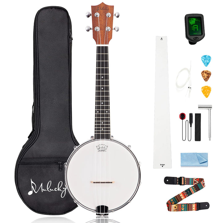 Mulucky Banjolele, 4 Saiten, Banjo-Ukulele, Konzert-Grösse, 58,9 cm, geschlossener Massivholzrücken,