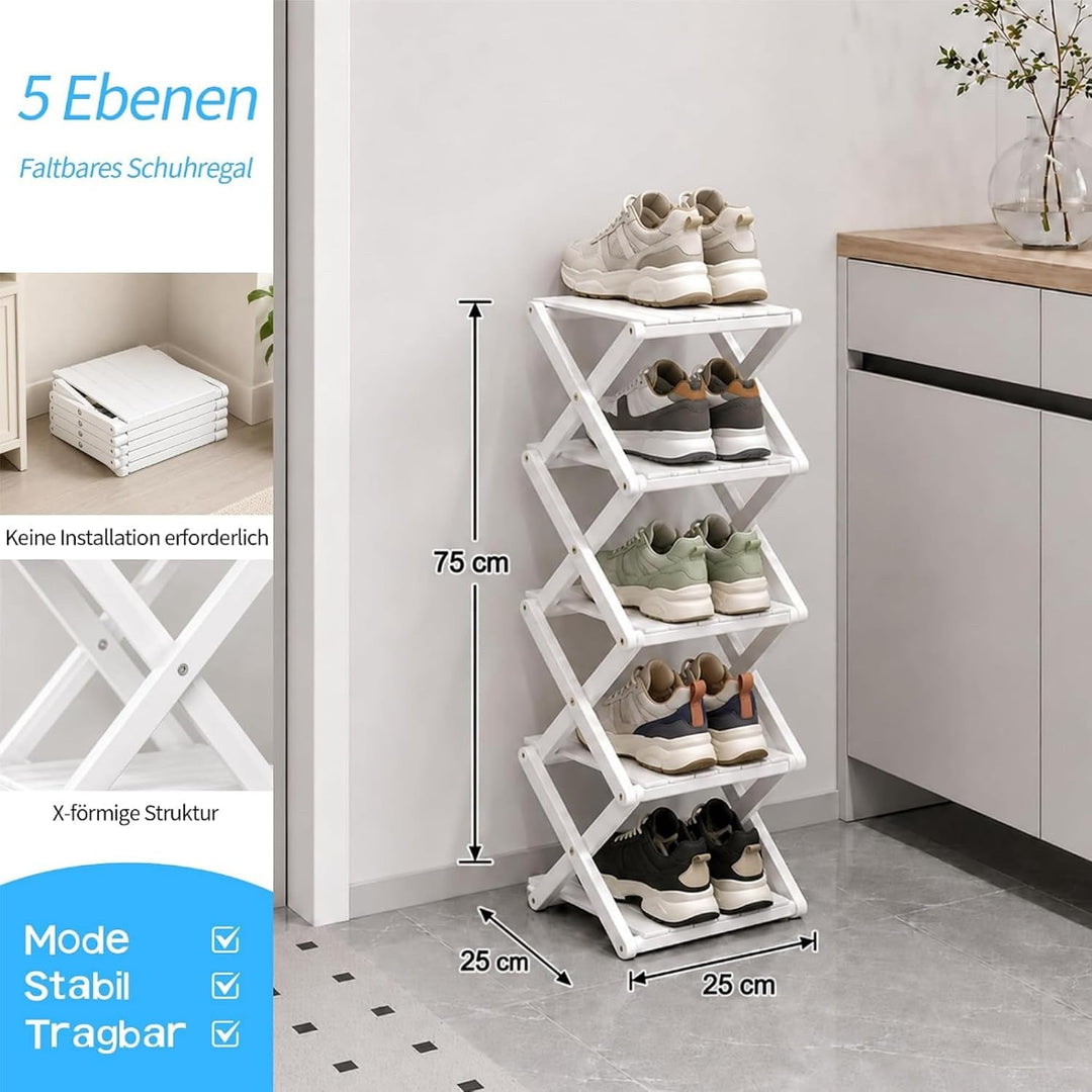 Schuhregal Schmal, Klappbar, Holz,Platzsparend (Weiss, 5 Ebenen) | Schuhregal platzsparend, Multifun