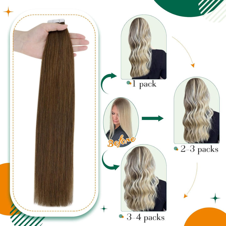 Extensions Tape in Echthaar Braun Tape in Extension Echthaar Farbe Mittelbraun 20 Zoll 50g Echthaar