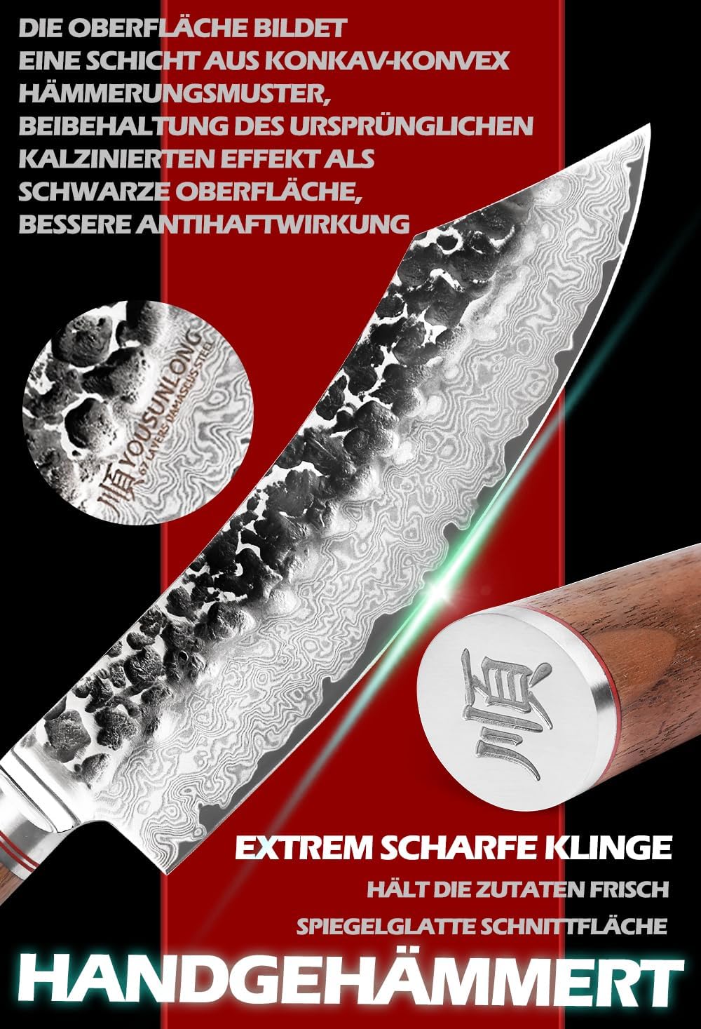 YOUSUNLONG Blockmesser 20,50cm Metzgermesser klein extrem scharfe Klinge I Damast Küchenmesser und P