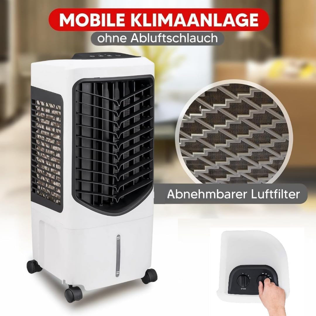 JUNG ALPINA Klimaanlage Mobil ohne Abluftschlauch, 60 dBA, 2in1 - Luftkühler, Luftbefeuchter, Mobile