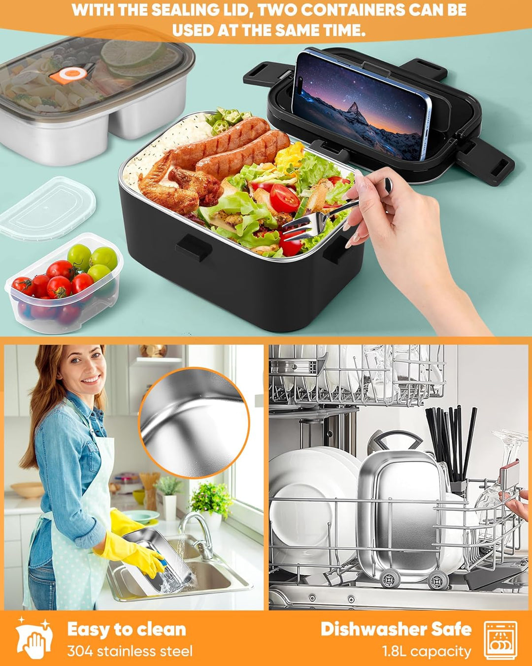 Eocolz Elektrische Lunchbox Food Heater 100W, Speisenwärmer mit Doppelbehälter 1,8L Tragbare Beheizt