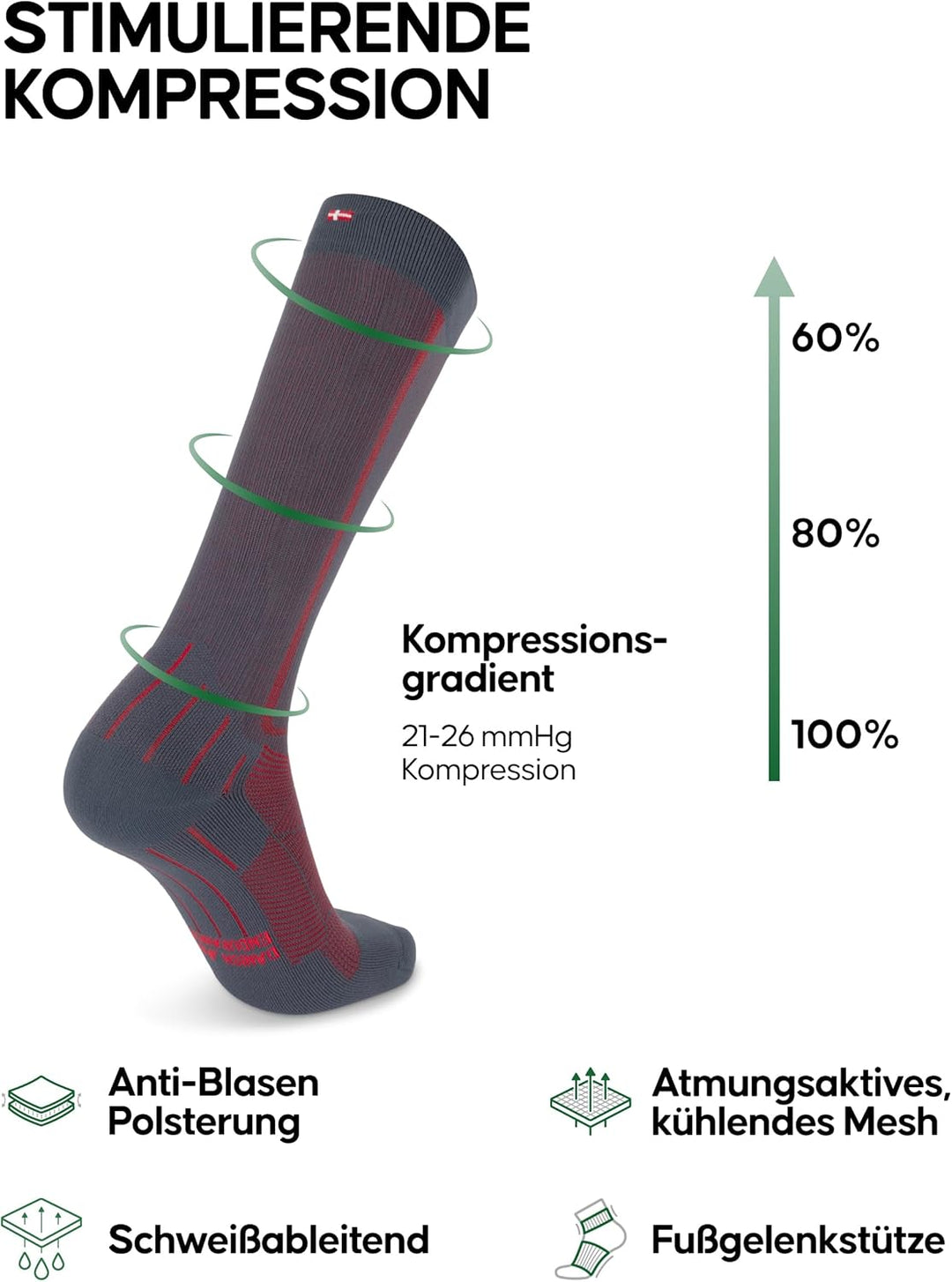 DANISH ENDURANCE Kompressionsstrümpfe, 21-26 mmHg, Sport Kompressionssocken, Stützstrümpfe, Thrombos