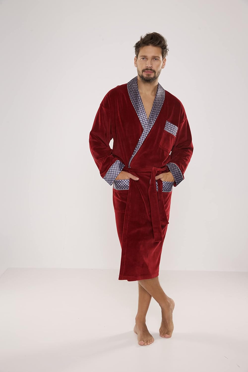 FOREX Lingerie edler und hochwertiger Baumwoll-Bademantel Herren-Mantel im tollen Design M Bordeaux,