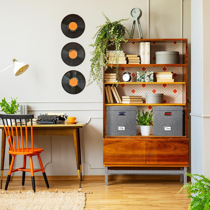 Vinyl-Schallplatten-Aufbewahrungsbox, 2er-Set, für 100+ einzelne LPs, stapelbare Alben, Leinenkiste