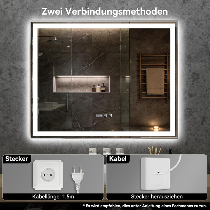 YU YUSING Badspiegel mit Beleuchtung 100x80cm Badezimmerspiegel mit Beschlagfrei 3 Lichtfarbe Dimmba