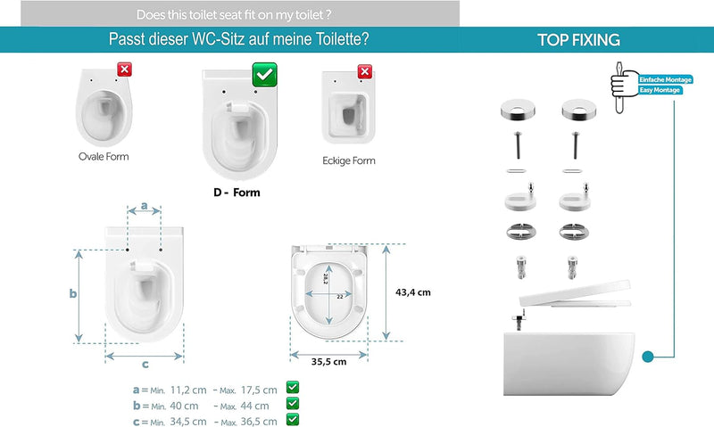 Aqua Bagno | Universeller Toilettendeckel & WC-Sitz mit Absenkautomatik, abnehmbarer Klodeckel D-For