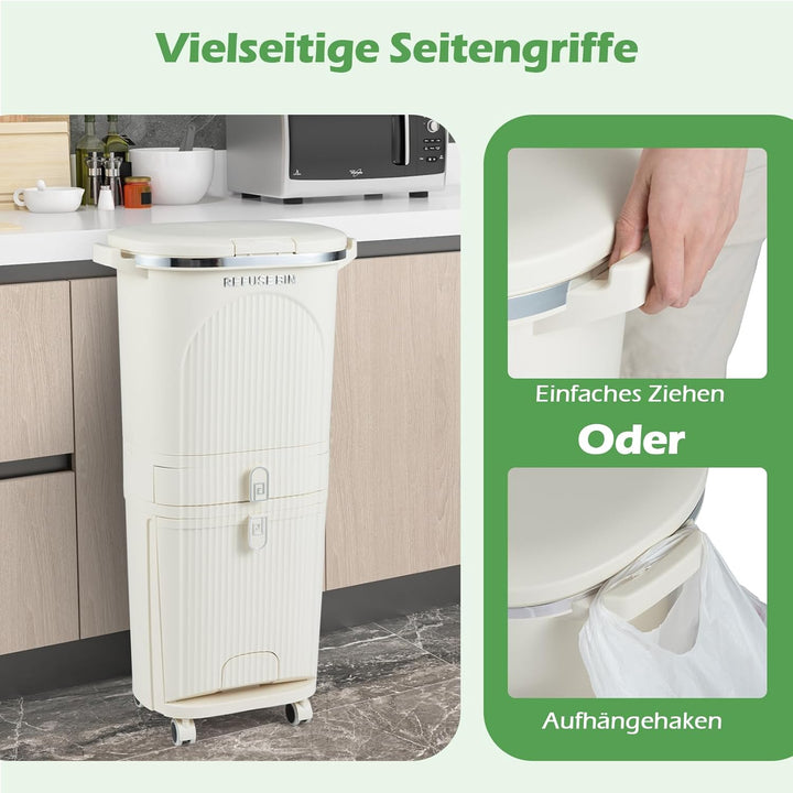 COSTWAY Mülleimer Küche, Mülltrennsystem 3 Fächer, 2 x 12L Inneneimer & 14L Treteimer, Abfalleimer m