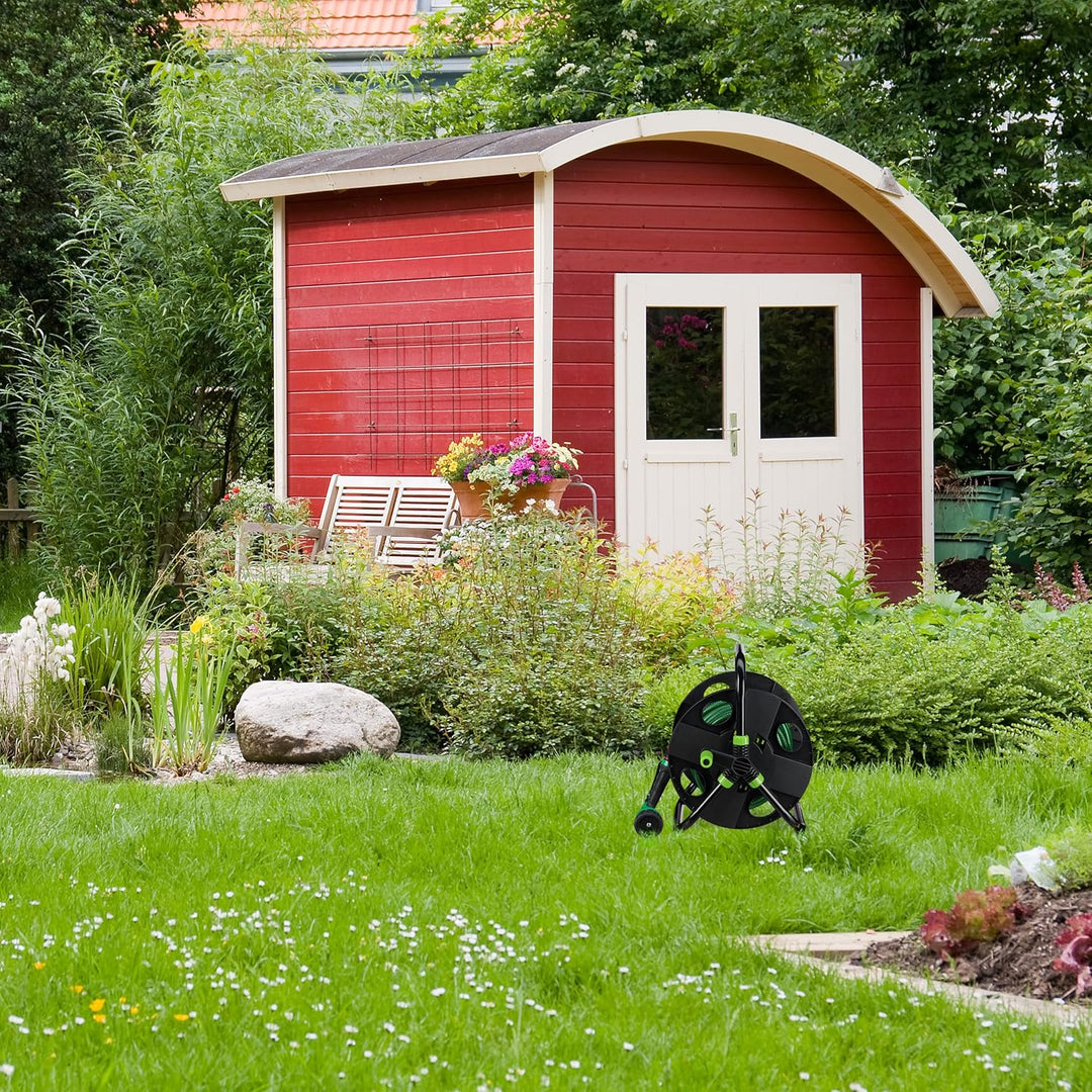 Relaxdays Schlauchtrommel, für 30 m 1/2" Schlauch, Stahl, Kunststoff, Schlauchhalter, HBT: 38 x 42 x