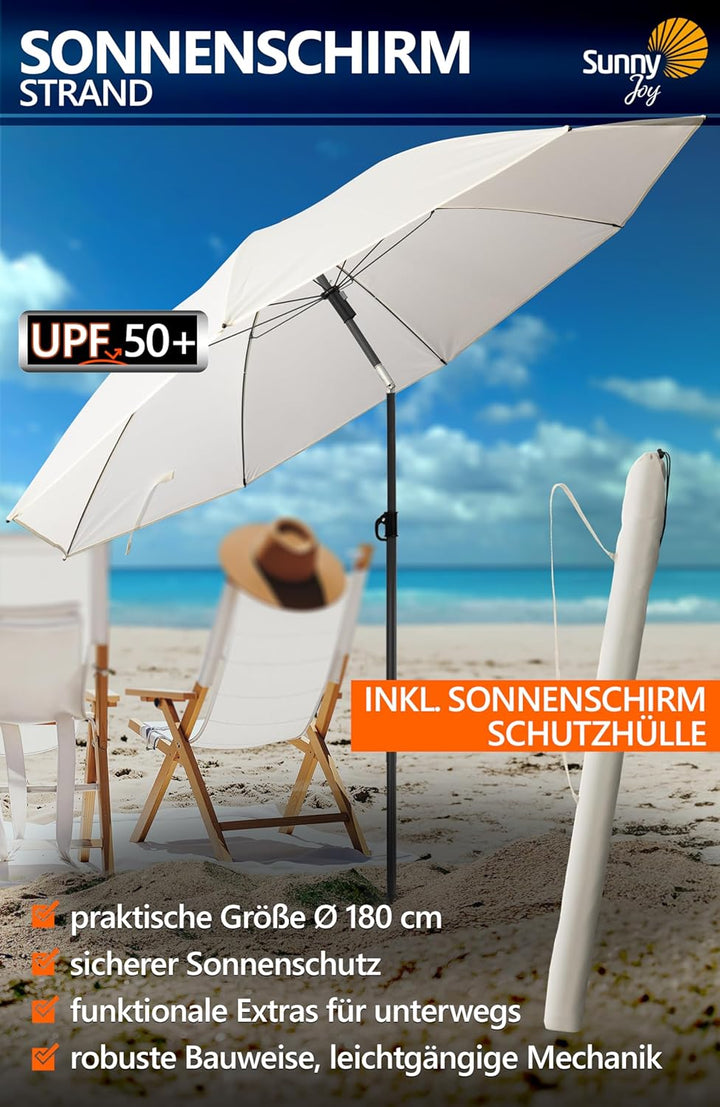 4smile Sonnenschirm Strand Ø 180 cm mit Hüll, Beige - UPF 50+ Strandschirm SunnyJoy, Strandschirm wi