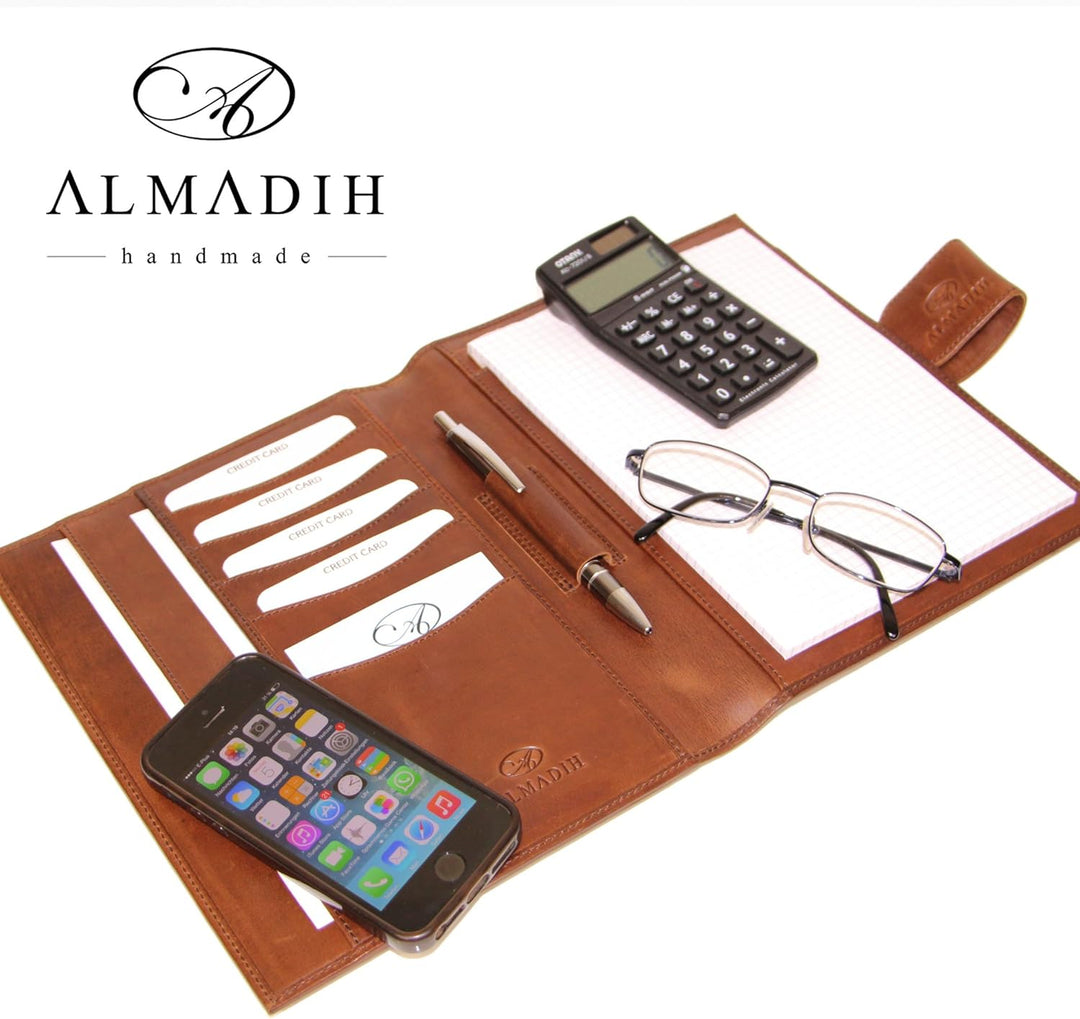 ALMADIH Leder A5 Schreibmappe mit Schreibblock Premium Rindsleder Hell-braun Deluxe Ledermappe Mappe