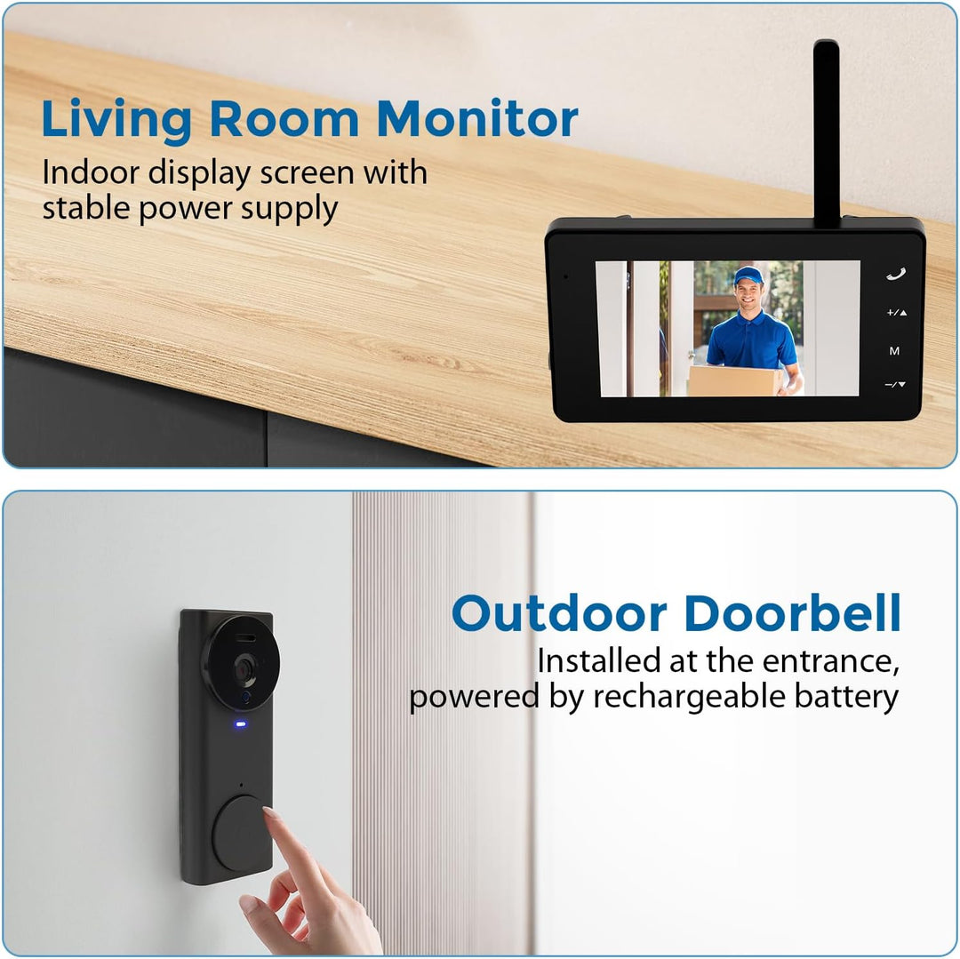 Kabellose Video Türklingel, WLAN Türklingel mit 4,3" Farbmonitor, 2 Wege Audio Gegensprechanlage und