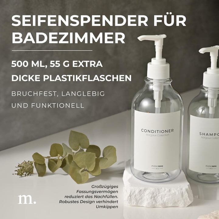MaisoNovo Nachfüllbare Shampoo und Conditioner Flaschen | 500 ml Satz von 3 klaren Kunststoff-Flasch
