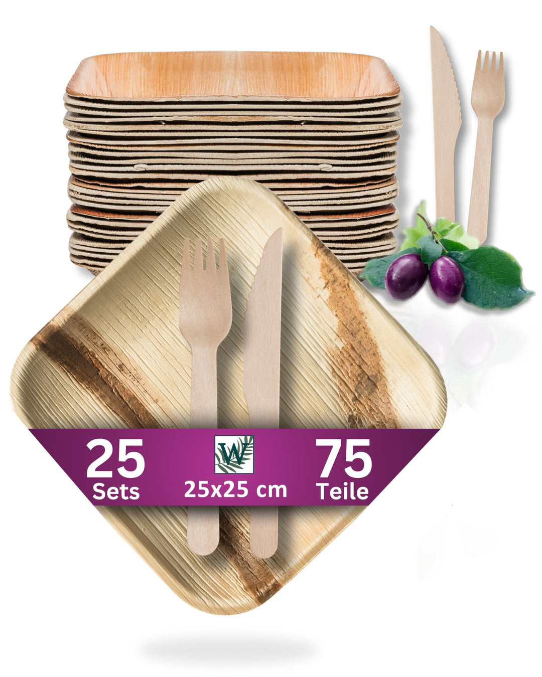 Waipur Bio Palmblatt Teller mit Holz Besteck - je 25 grosse Teller, Messer und Gabeln - Premium Einw